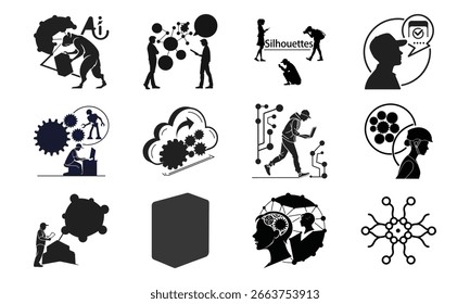Conjunto de ícones de inteligência artificial, automação, aprendizagem automática, computação em nuvem e tecnologia de rede em estilo de vetor mínimo

