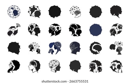 Set of Artificial Intelligence, Automation, Machine Learning, Cloud Computing, and Network Technology Icons in Minimal Vector Style

