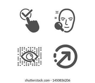 Set of Artificial intelligence, Checkbox and Face search icons. Direction sign. Find data, Approved, Find user. Navigation pointer.  Classic design artificial intelligence icon. Flat design. Vector