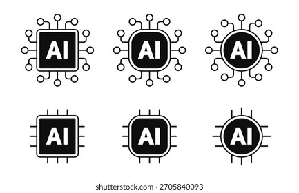 Conjunto de ícones de chip de inteligência artificial. Chips de IA. Vetor