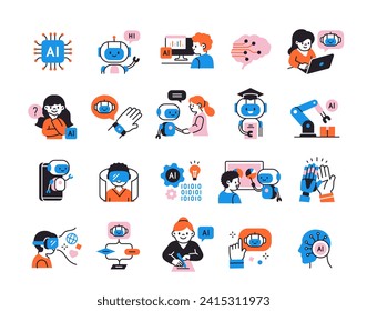 Set of artificial intelligence color icons. Sign with cute chat bot, robotic arm, digital brain and neural networks. Modern technologies. Cartoon linear vector collection isolated on white background