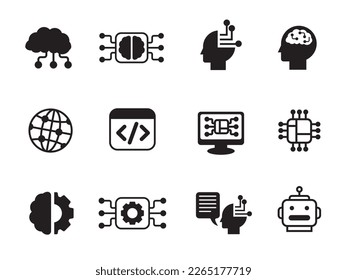 Set of artificial intelligence and computer icons with black style isolated on white background