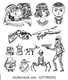 Set of Artificial intelligence concept. Robots evolution and Hand touch. Woman and man kiss. Replicant or Android. Hand drawn Future technology. Vintage Engraved Monochrome Sketch.