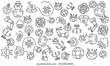 Set of artificial intelligence doodle icons pattern. Icon set editable stroke in trendy style