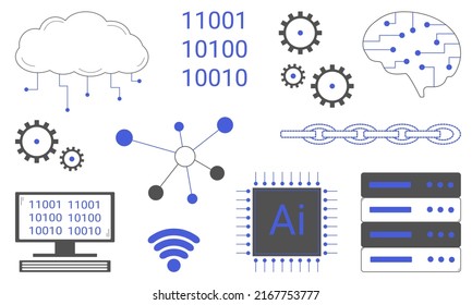 Set of artificial intelligence elements. Development of technologies for the development of science and education. Flat style. Vector illustration