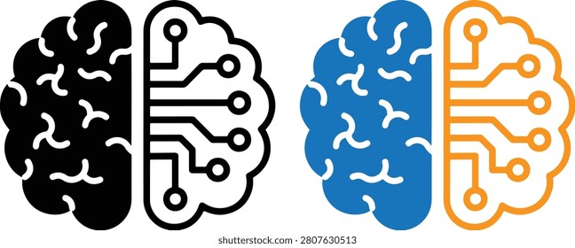 Set of Artificial Intelligence Human Brain Circuit Icons in Monochrome and Two-Tone Styles, vector, illustration, silhouette.