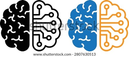 Set of Artificial Intelligence Human Brain Circuit Icons in Monochrome and Two-Tone Styles, vector, illustration, silhouette.