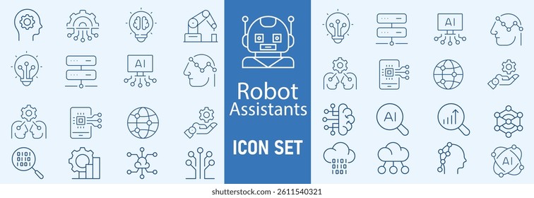 Set of Artificial Intelligence icon. Service, Digital, Robot, Data, Information, Learning, Future, Artificial Intelligence, Support, Help, Chat Bot, Conversation, Smart, Concept, Innovation vector.