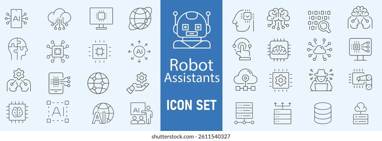 Set of Artificial Intelligence icon. Service, Digital, Robot, Data, Information, Learning, Future, Artificial Intelligence, Support, Help, Chat Bot, Conversation, Smart, Concept, Innovation vector.
