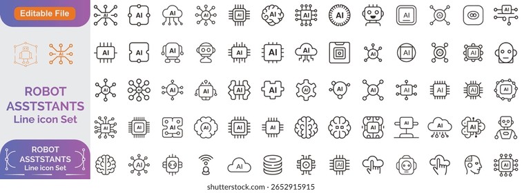 Ícone Conjunto de Inteligência Artificial. Serviço, Digital, Robô, Dados, Informação, Aprendizagem, Futuro, Inteligência Artificial, Suporte, Ajuda, Bate-papo, Conversa, Inteligente, Conceito, Vetor de inovação.