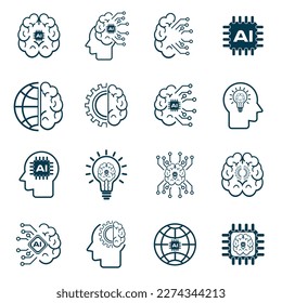 Set of Artificial intelligence icons, AI icons group set vector design, used in Ai Concepts, artificial intelligence icon set in line style, machine learning, smart robotic
