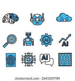A set of artificial intelligence icons with blue highlights. Includes robots, brain, cloud computing, fingerprint, circuits, and data elements. Suitable for tech presentations, AI-related content, and