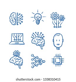 Set of artificial intelligence icons with brain, light bulb, chip, circuit borad structure, algorithm, android head. Concept for AI. Hand drawn blue line art cartoon vector illustration. 