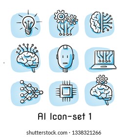 Set Of Artificial Intelligence Icons With Brain, Light Bulb, Chip, Circuit Borad Structure, Algorithm, Android Head. Concept For AI. Hand Drawn Cartoon Sketch Vector Illustration Colored On Blue Tiles