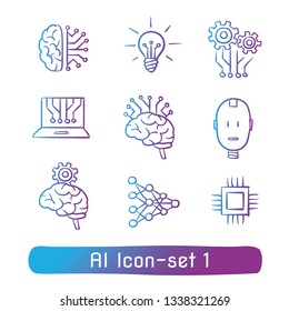 Set Of Artificial Intelligence Icons With Brain, Light Bulb, Chip, Circuit Borad Structure, Algorithm, Android Head. Concept For AI. Hand Drawn Cartoon Sketch Vector Illustration, Purple Line Art