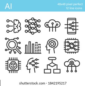 Conjunto de iconos de inteligencia artificial. Cerebro artificial, red neural, nube, teléfono, búsqueda, gráfico con predicción, cabeza con equipo dentro, chip con red neural y cerebro, algoritmo. Vector 
