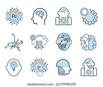 SET of Artificial intelligence icons set. Collection of high quality outline web pictograms in modern flat style