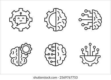 Set of artificial intelligence icons. Contains machine learning, data science, virtual assistant, technology, Turing test, on white background.