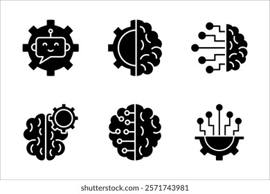 Set of artificial intelligence icons. Contains machine learning, data science, virtual assistant, technology, Turing test, on white background.