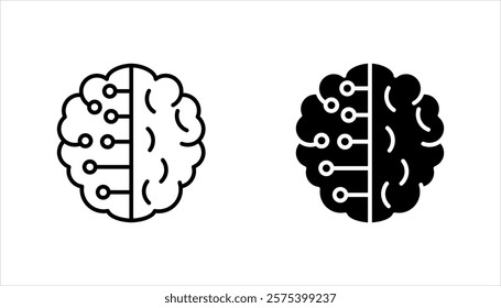 Set of artificial intelligence icons. Contains machine learning, data science, virtual assistant, technology, Turing test, on white background.