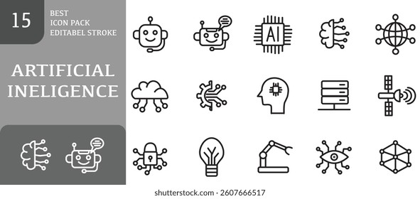 Set of Artificial Intelligence icons. Icons contains virtual assistance, deep learning, robotic arm, etc . Design elements for you projects. Editable stroke vector illustration