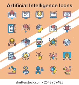 Set of artificial intelligence icons depicting various AI technologies and concepts ideal for tech and innovation themes.