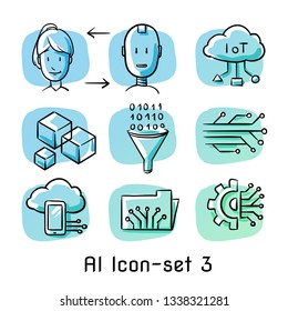 Set Of Artificial Intelligence Icons With IOT, Cubes, Big Data Funnel, Circuit Borad Structure, Human And Android Faces. Concept For AI. Hand Drawn Cartoon Sketch Vector Illustration, Colored 