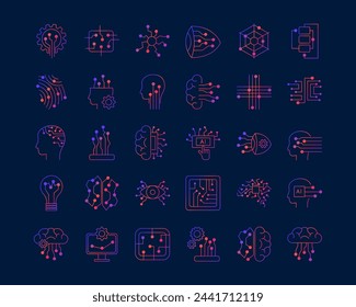 Satz von Icons für künstliche Intelligenz im Linienstil. Piktogramme der digitalen Technologien der künstlichen Intelligenz, des maschinellen Lernens, der intelligenten Robotik. Darstellung eines isolierten Gradientenvektors