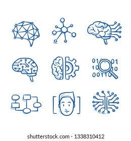 Set of artificial intelligence icons with neural networks, artificial brains, search data, face recognition and flow chart. Concept for AI. Hand drawn blue line art cartoon vector illustration. 