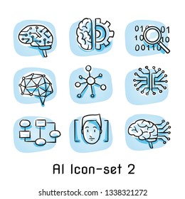 Set Of Artificial Intelligence Icons With Neural Networks, Artificial Brains, Search Data, Face Recognition And Flow Chart. Concept For AI. Hand Drawn Cartoon Sketch Vector Illustration, Colored 