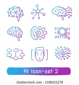 Set of artificial intelligence icons with neural network, artificial brain, search data, face recognition and flow chart. Concept for AI. Hand drawn cartoon sketch vector illustration, purple line art