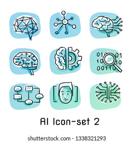 Set of artificial intelligence icons with neural networks, artificial brains, search data, face recognition and flow chart. Concept for AI. Hand drawn cartoon sketch vector illustration, colored 