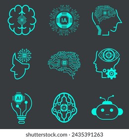 Satz von künstlichen Intelligenz-Icons, Symbole, Element-UIs, Sammlung von Technologie-Icons, wie Roboter-, Digital-, VR-, KI-, Cyber- und Vector Line Icons Design