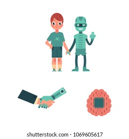 Set of artificial intelligence images of handshake of business human with robot and little boy with his machine friend and brain with microchip isolated on white background. Flat vector illustration.