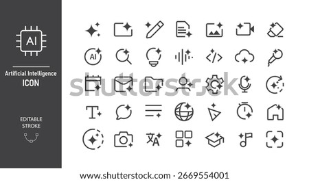 Set of artificial intelligence line icon set vector collection. Generative AI symbol. AI logo and star. Machine learning, smart robotic.  Web user interface element for ui ux design. Editable stroke.