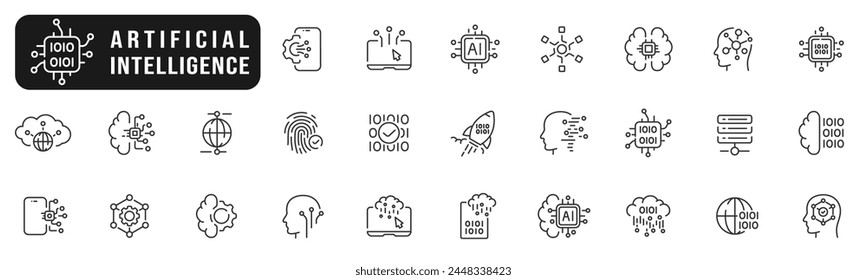 Satz von Liniensymbolen für künstliche Intelligenz. Technologie, KI, Digital, Brain, Chip usw. Bearbeitbarer Strich