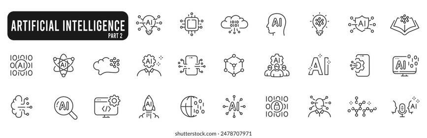 Set of artificial intelligence line icons. Technology, ai, digital, brain, chip etc. Set 2