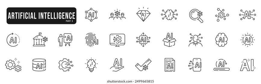 Conjunto de iconos de línea de inteligencia artificial. Tecnología, IA, digital, cerebro, chip, etc. Conjunto 3