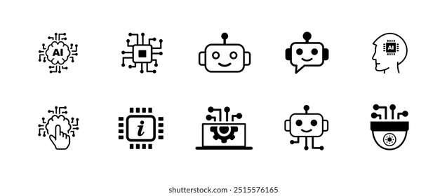 Conjunto de iconos de línea de inteligencia artificial. Tecnología, IA, proceso digital, robótico, chatbot, chip, etc.