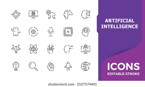 Conjunto de ícones de linha de inteligência artificial. Conjunto mínimo de ícones para tecnologia, ai, digital, cérebro, chip etc. Traçado editável.