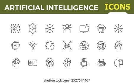 Set of artificial intelligence line icons. Minimal icon set for  technology, ai, digital, brain, chip etc. Editable stroke.