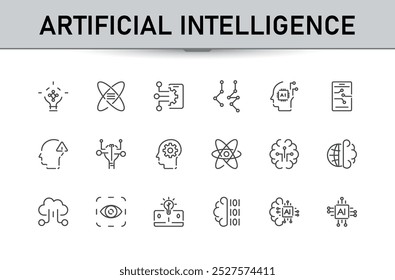 Set of artificial intelligence line icons. Minimal icon set for  technology, ai, digital, brain, chip etc. Editable stroke.
