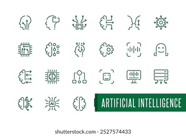 Conjunto de iconos de línea de inteligencia artificial. Conjunto de iconos mínimo para tecnología, IA, digital, cerebro, chip, etc. Trazo editable.