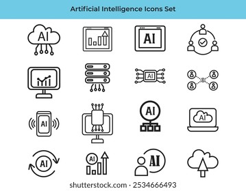 Set of artificial intelligence line icons set. AI technology, digital, brain, cloud and more.