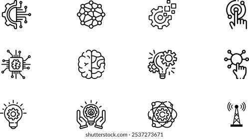 Set of artificial intelligence line icons. Technology, ai, digital, brain, settings, connection, brain, chip etc.