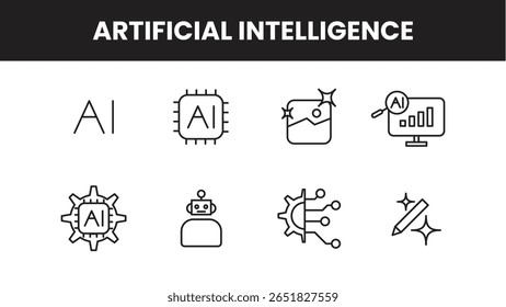 Conjunto de iconos de línea de inteligencia artificial con trazo editable.