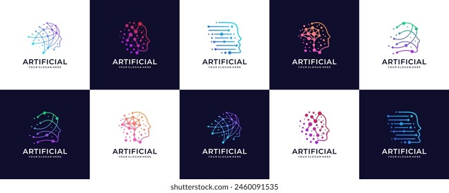 set of Artificial Intelligence logo design head face with circuit brain processor computer system