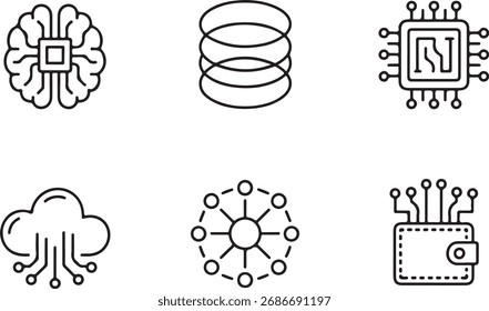 A set of artificial intelligence and machine learning icons. The icons include a brain, chip, data server, cloud network, and digital wallet. Isolated on white background. 