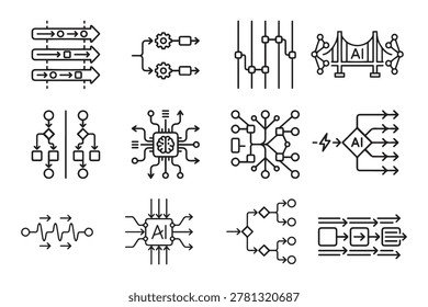 Set of artificial intelligence and machine learning algorithm flowcharts and data processing icons
