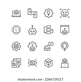 Set of artificial intelligence related icons, algorithm, self learning, face recognition and linear variety vectors.
